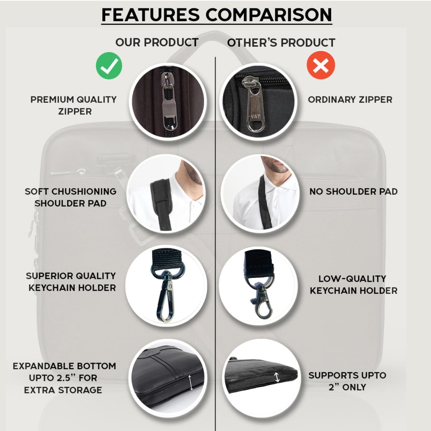 Top handle and adjustable strap of Rionto Prime vegan leather laptop bag
