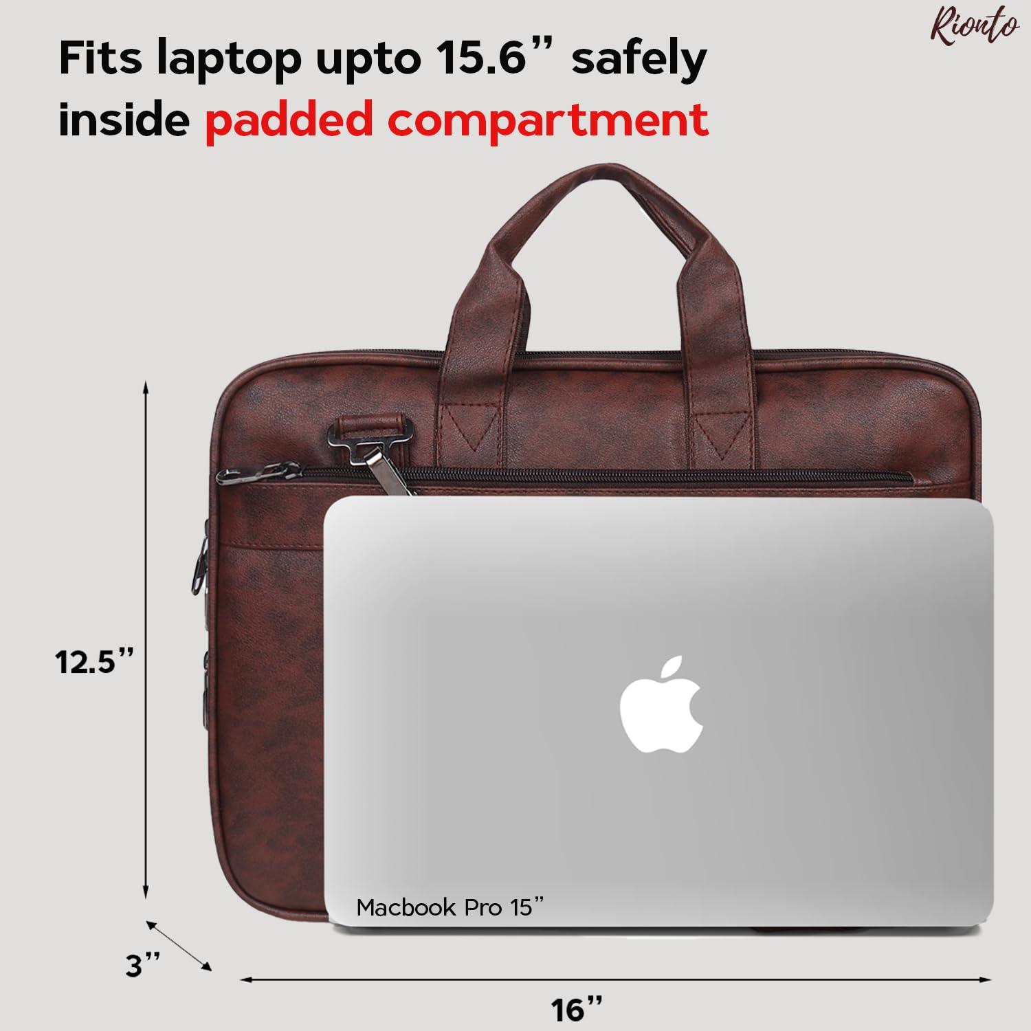 Tan shoulder bag with padded laptop compartment and multiple pockets