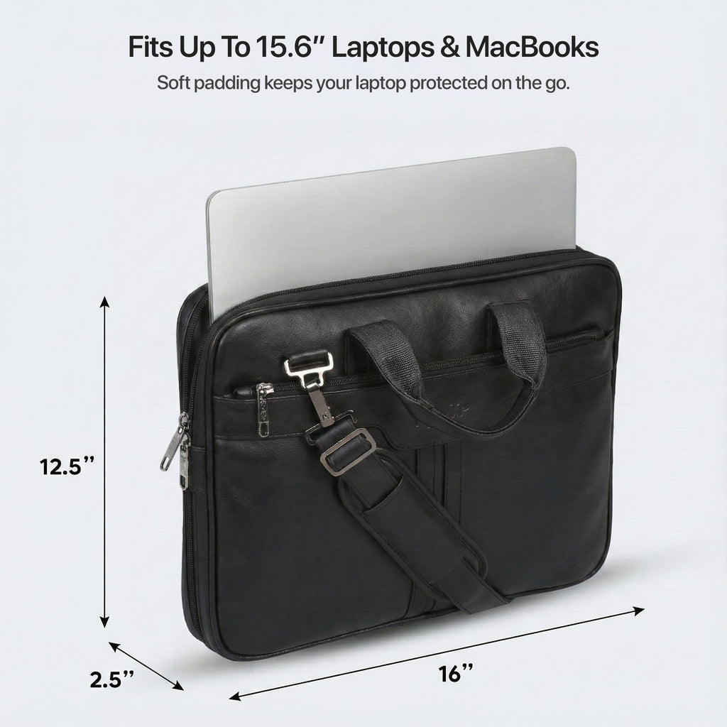 15.6 inch padded laptop compartment inside black messenger bag
