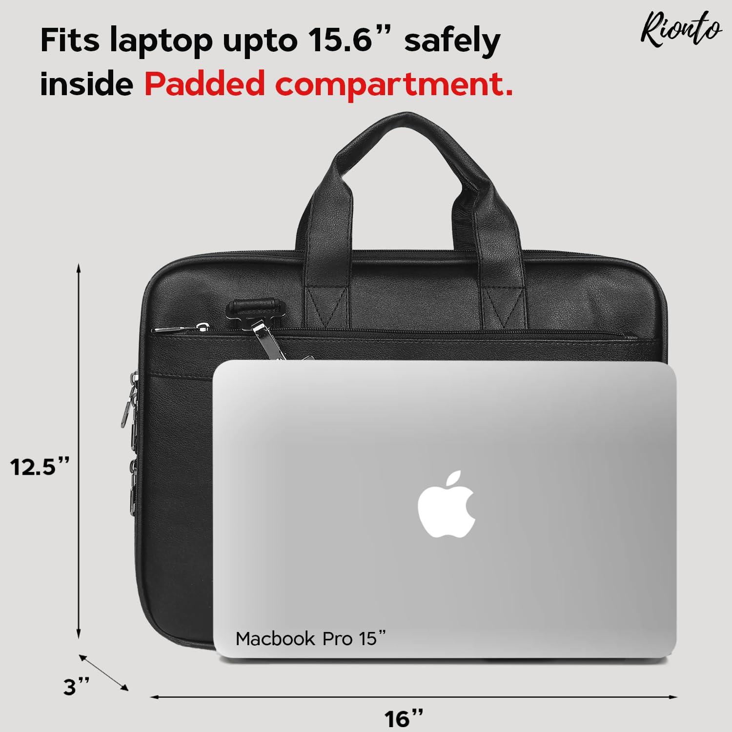 15.6 inch padded laptop compartment inside black messenger bag