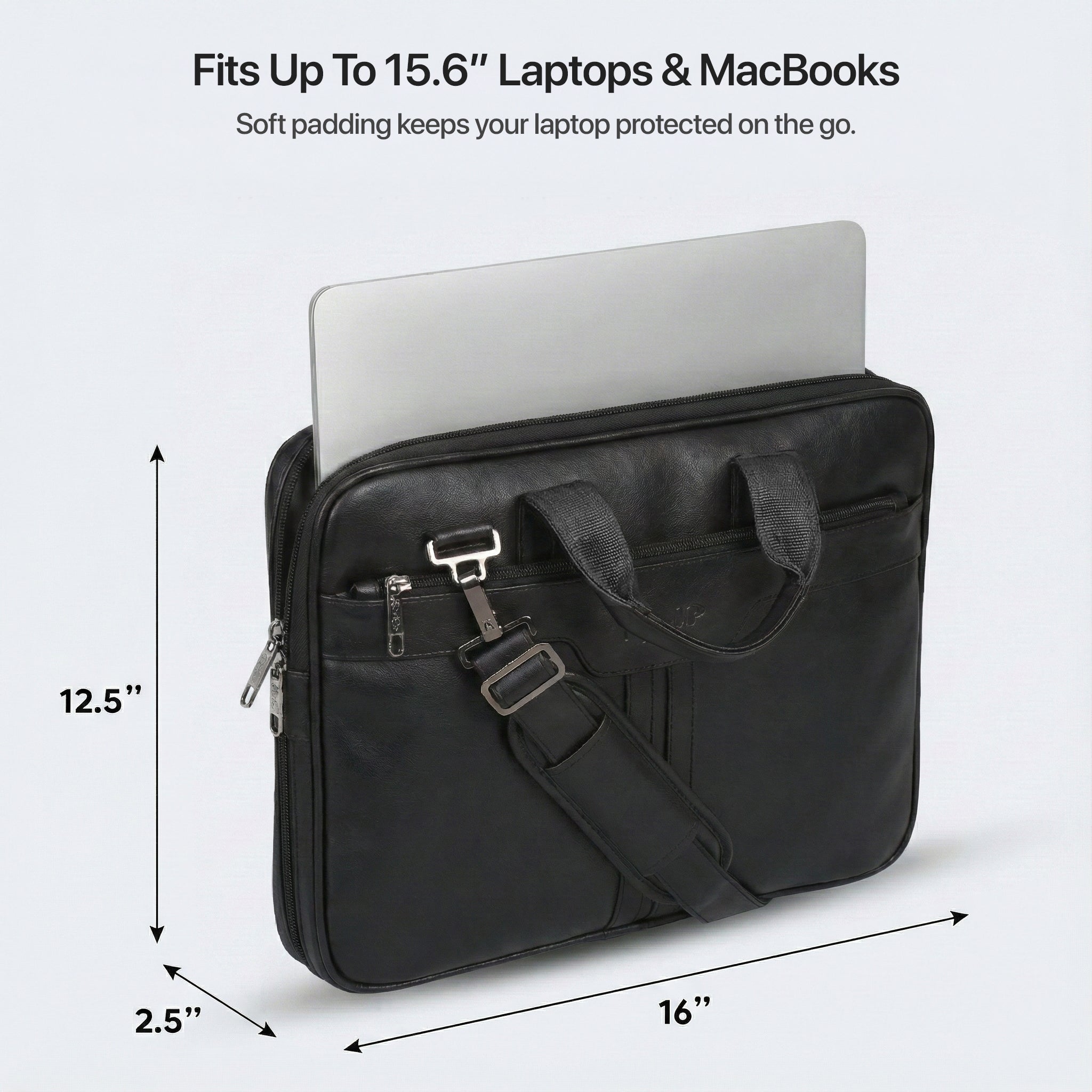 15.6 inch padded laptop compartment inside black messenger bag
