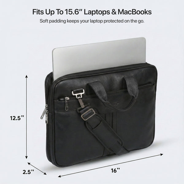 15.6 inch padded laptop compartment inside black messenger bag