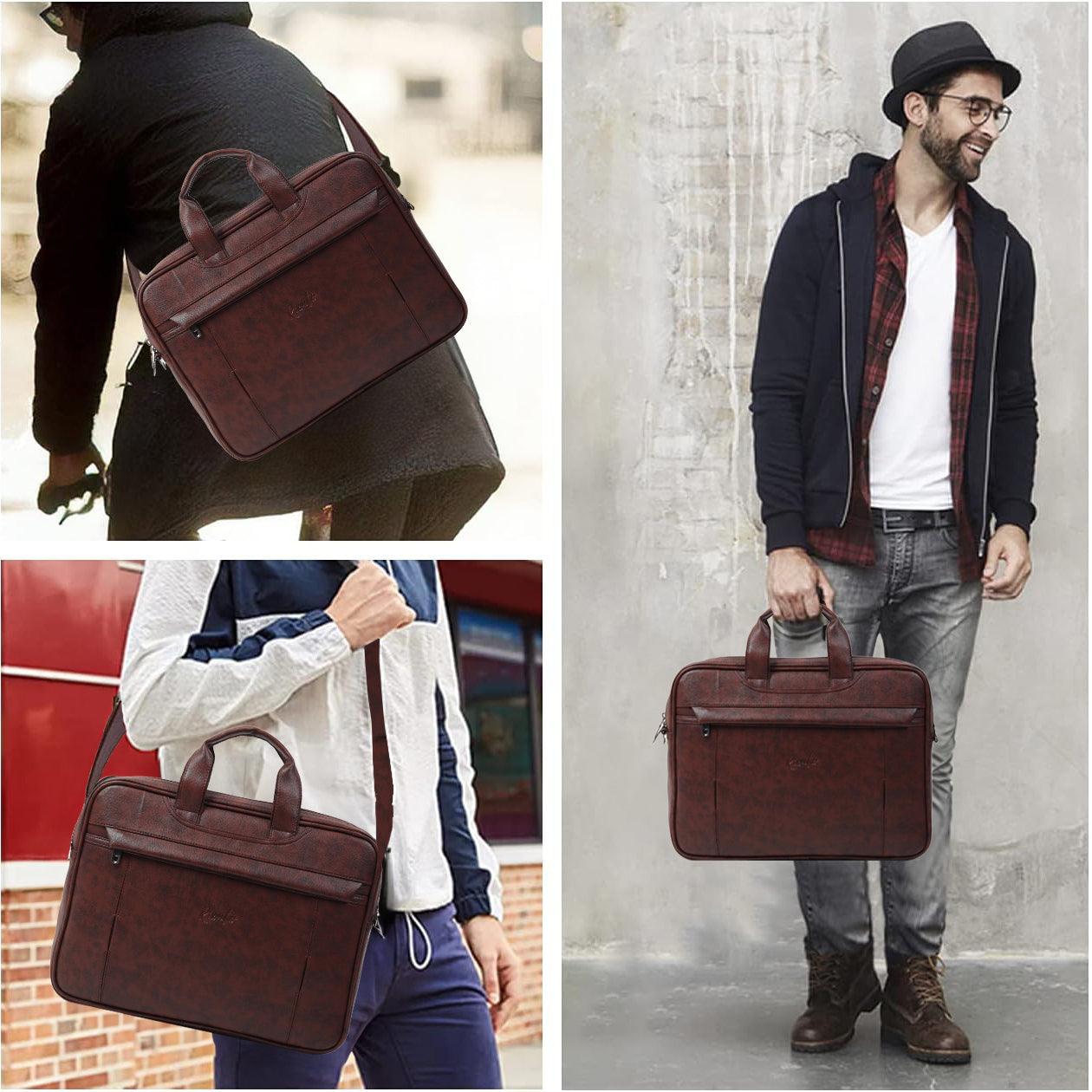 Stylish brown messenger bag placed on desk with work accessories