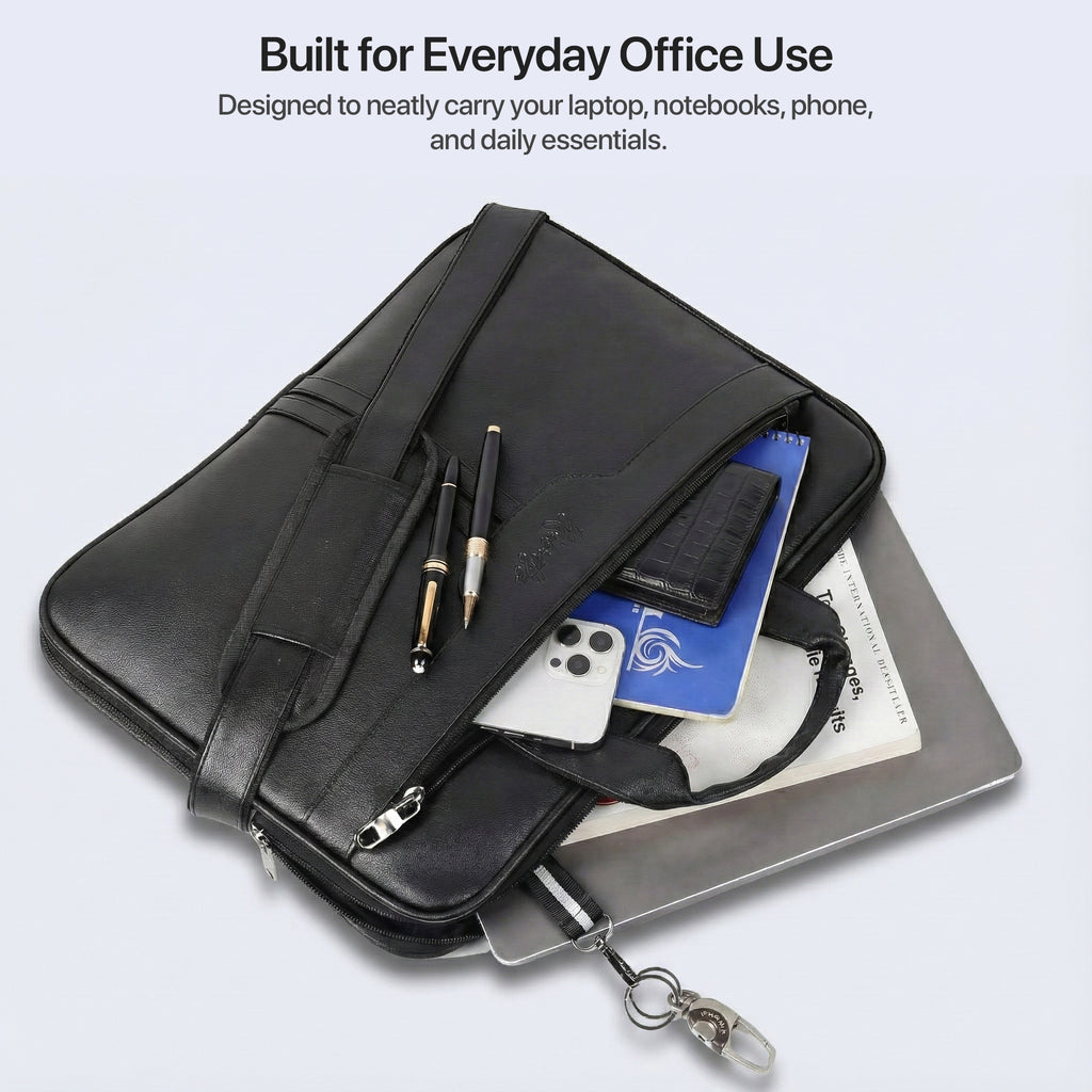 Rionto black office bag placed on work desk with laptop and accessories