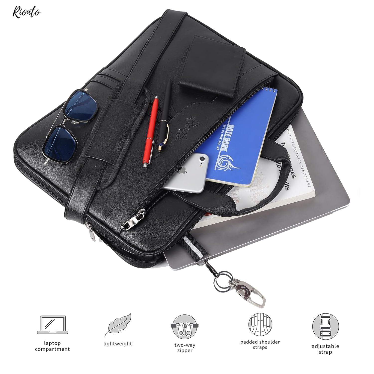 Rionto black office bag placed on work desk with laptop and accessories