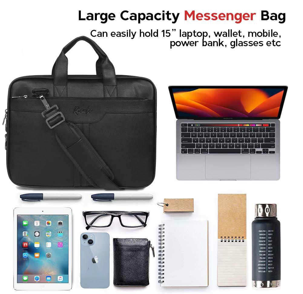 Side view of black Rionto messenger bag showing spacious compartments