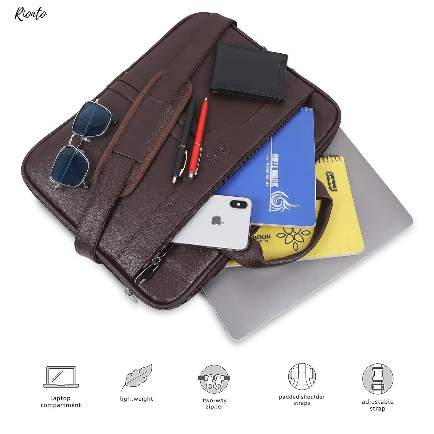 Close-up of Rionto black messenger bag showing premium vegan leather texture