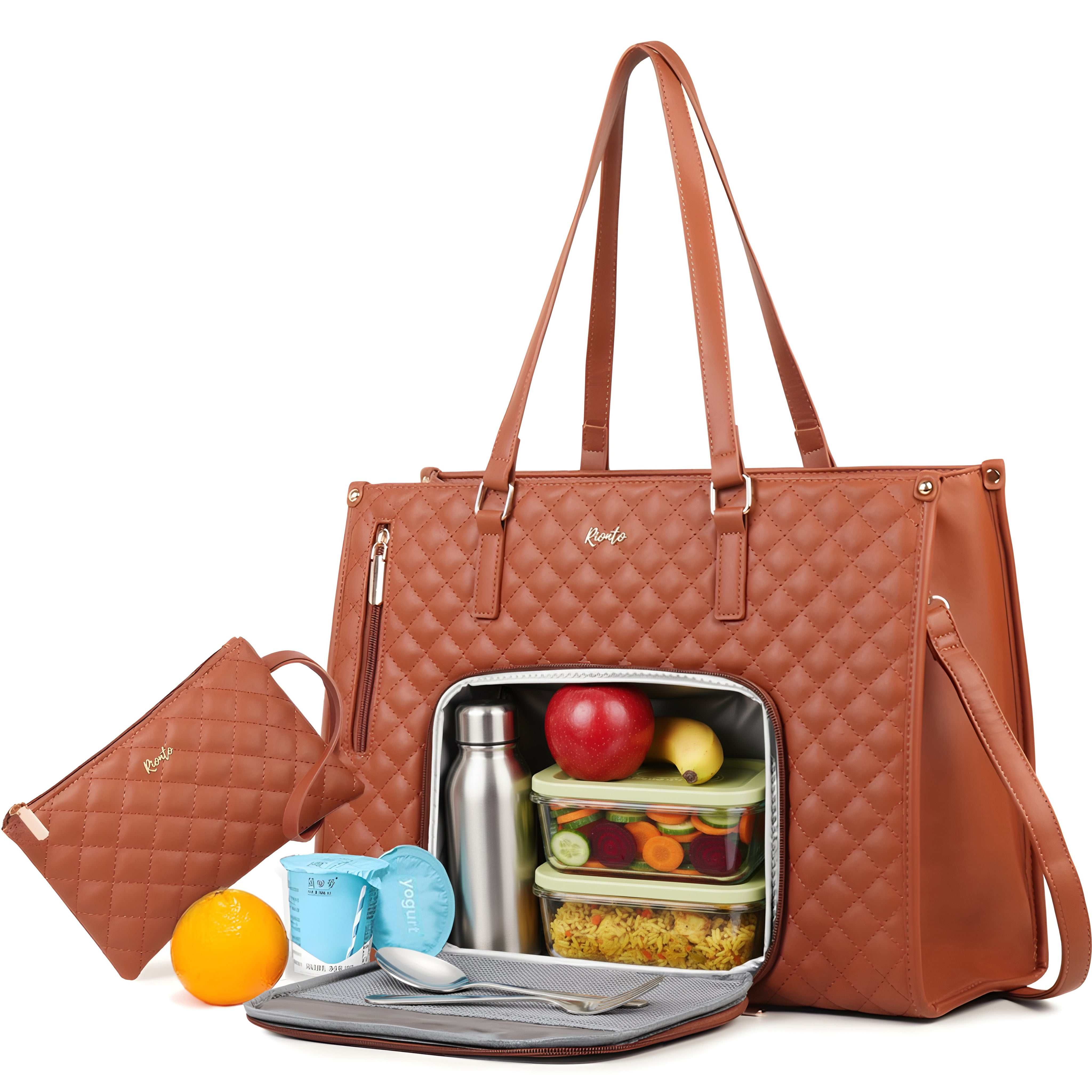 Brown quilted handbag with compartments containing a thermos, fruit, and a snack container on a white background.