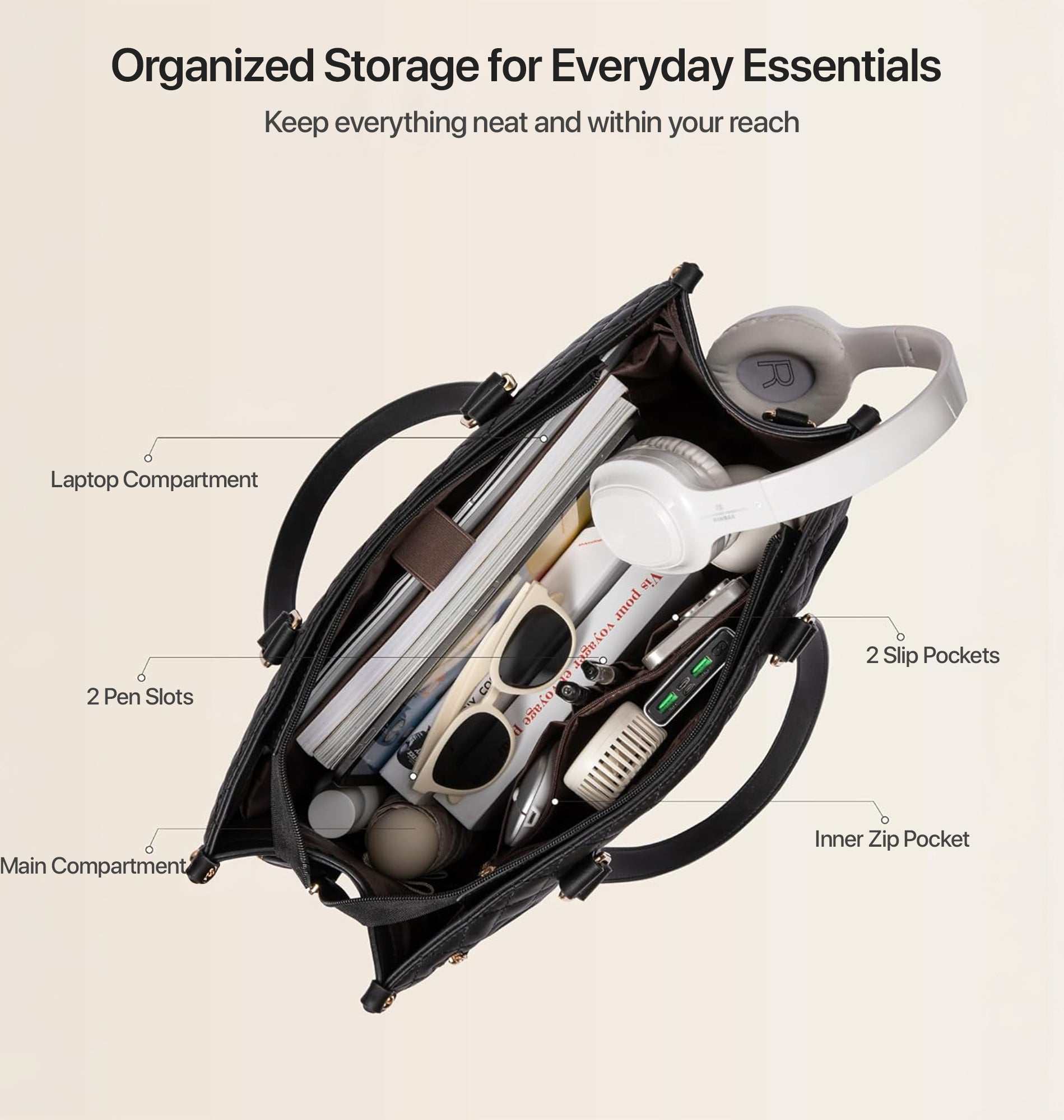 Elaris Tote Bag for Women with Insulated Lunch Compartment - Black