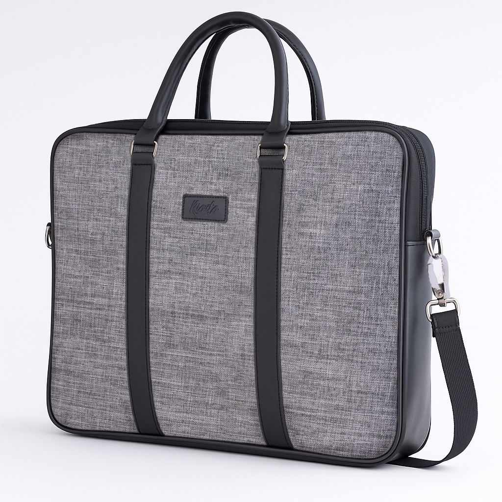 Gray laptop briefcase with black straps on a white background