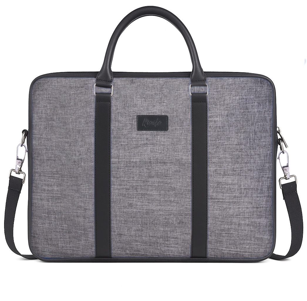 Gray laptop bag with black straps on a white background