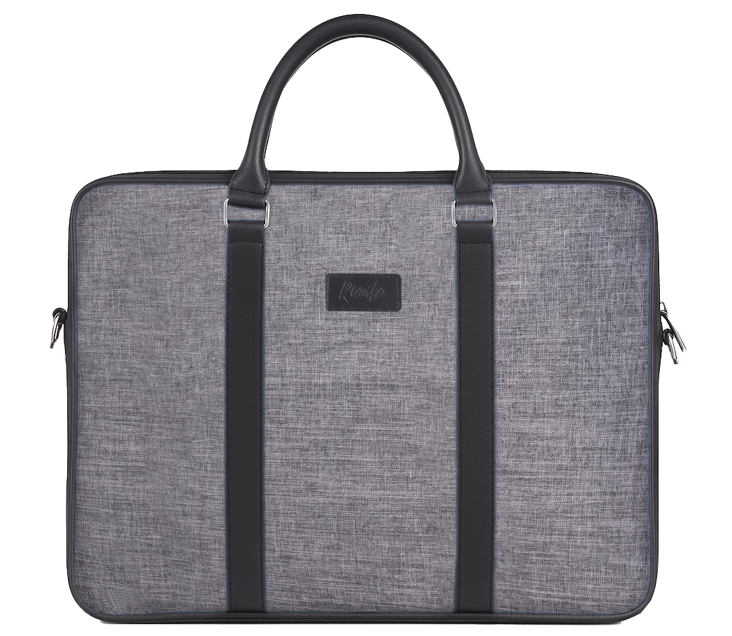 Gray laptop bag with black straps on a white background