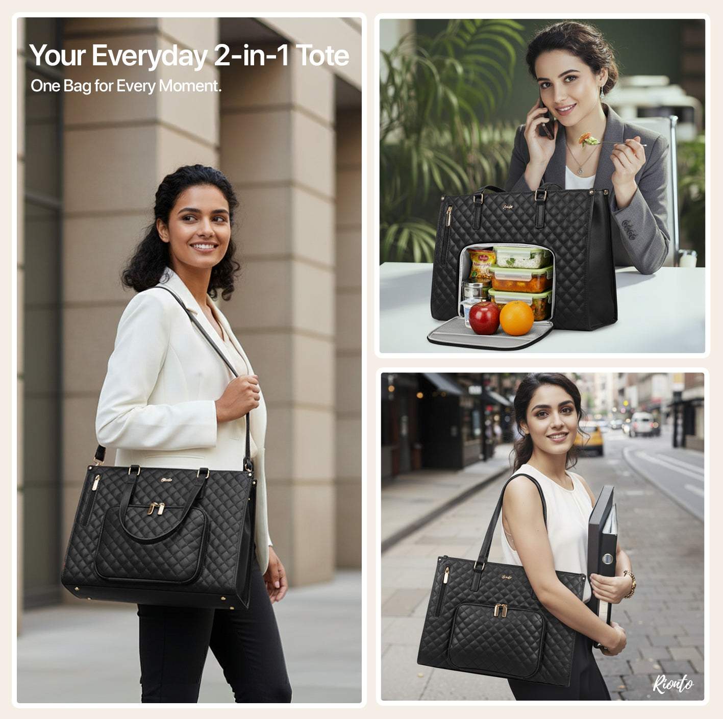 Elaris Tote Bag for Women with Insulated Lunch Compartment - Black