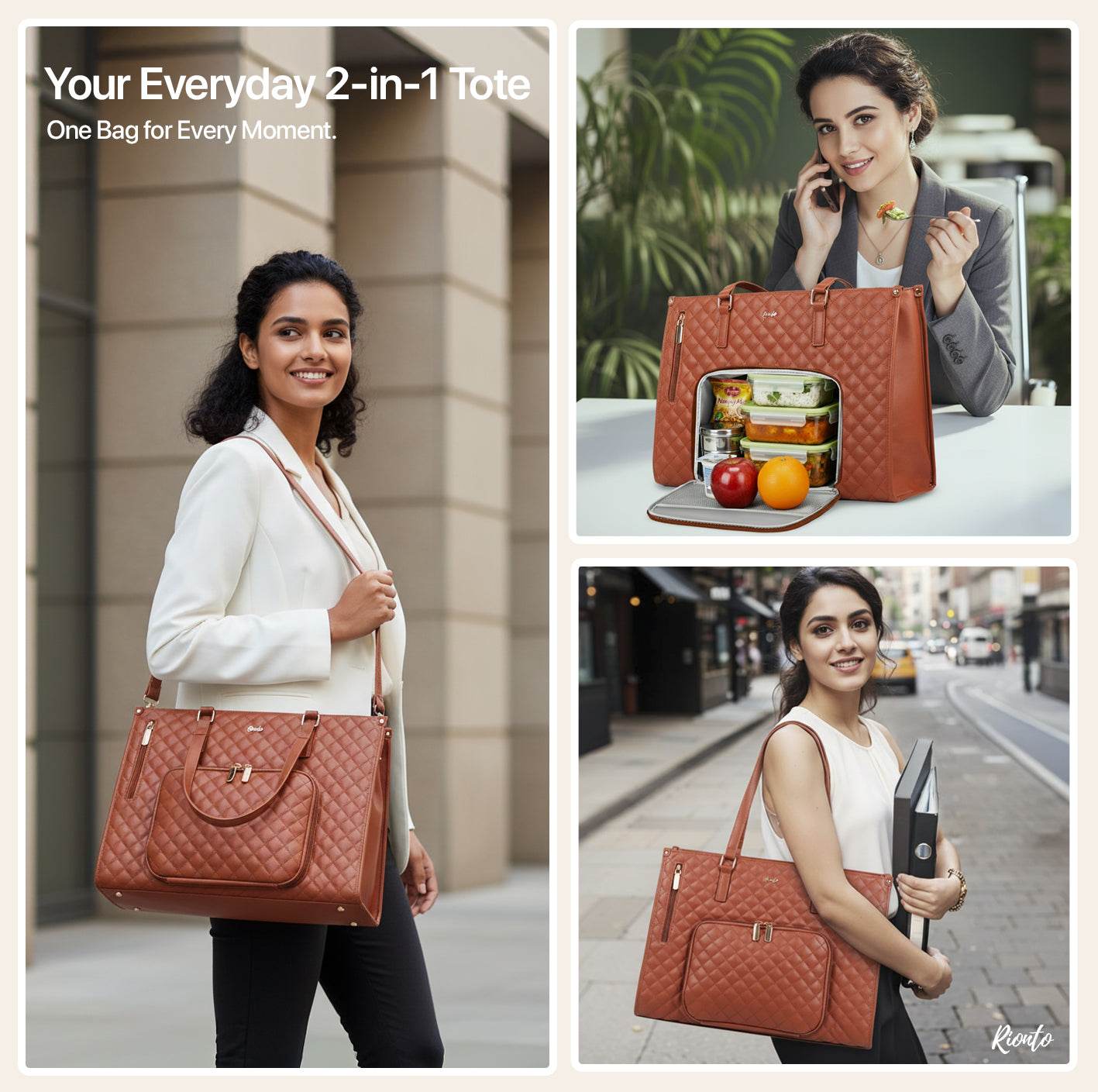 Collage of a woman with a brown 2-in-1 tote bag in various settings.