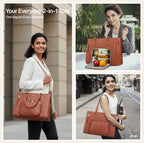 Collage of a woman with a brown 2-in-1 tote bag in various settings.