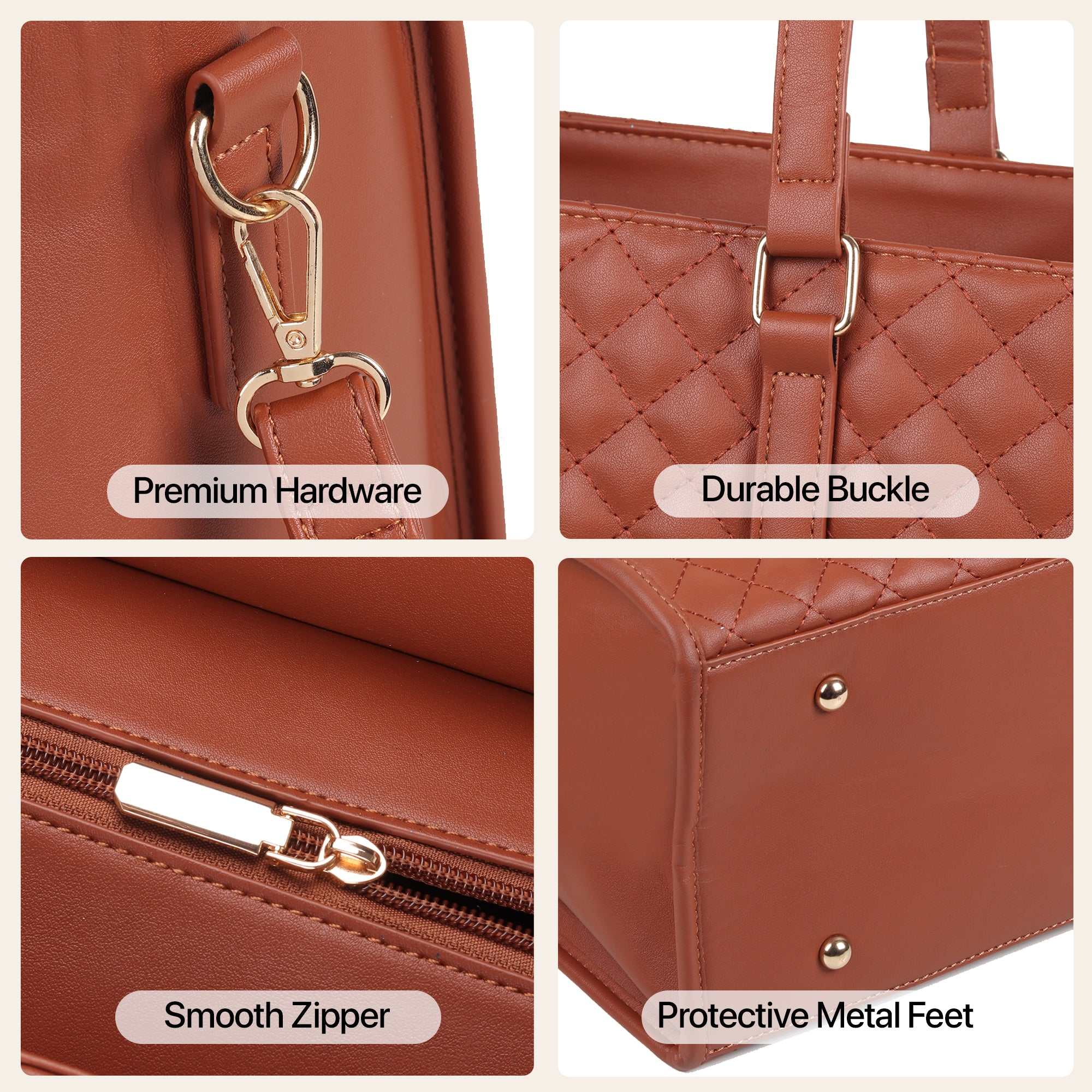 Brown handbag with close-up details labeled 'Premium Hardware', 'Durable Buckle', 'Smooth Zipper', and 'Protective Metal Feet'.