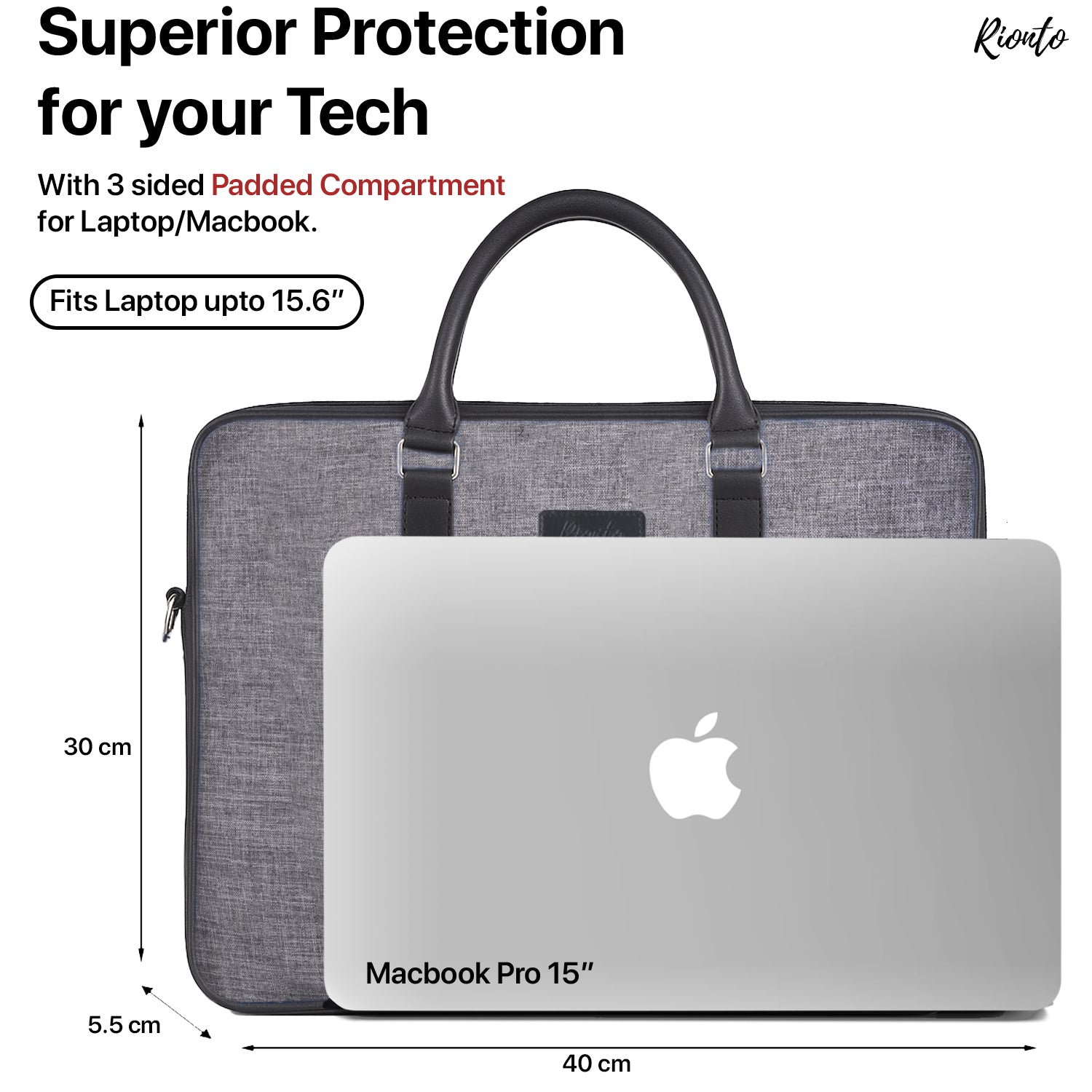 Laptop bag with MacBook Pro 15" model shown, featuring text about superior protection for tech.