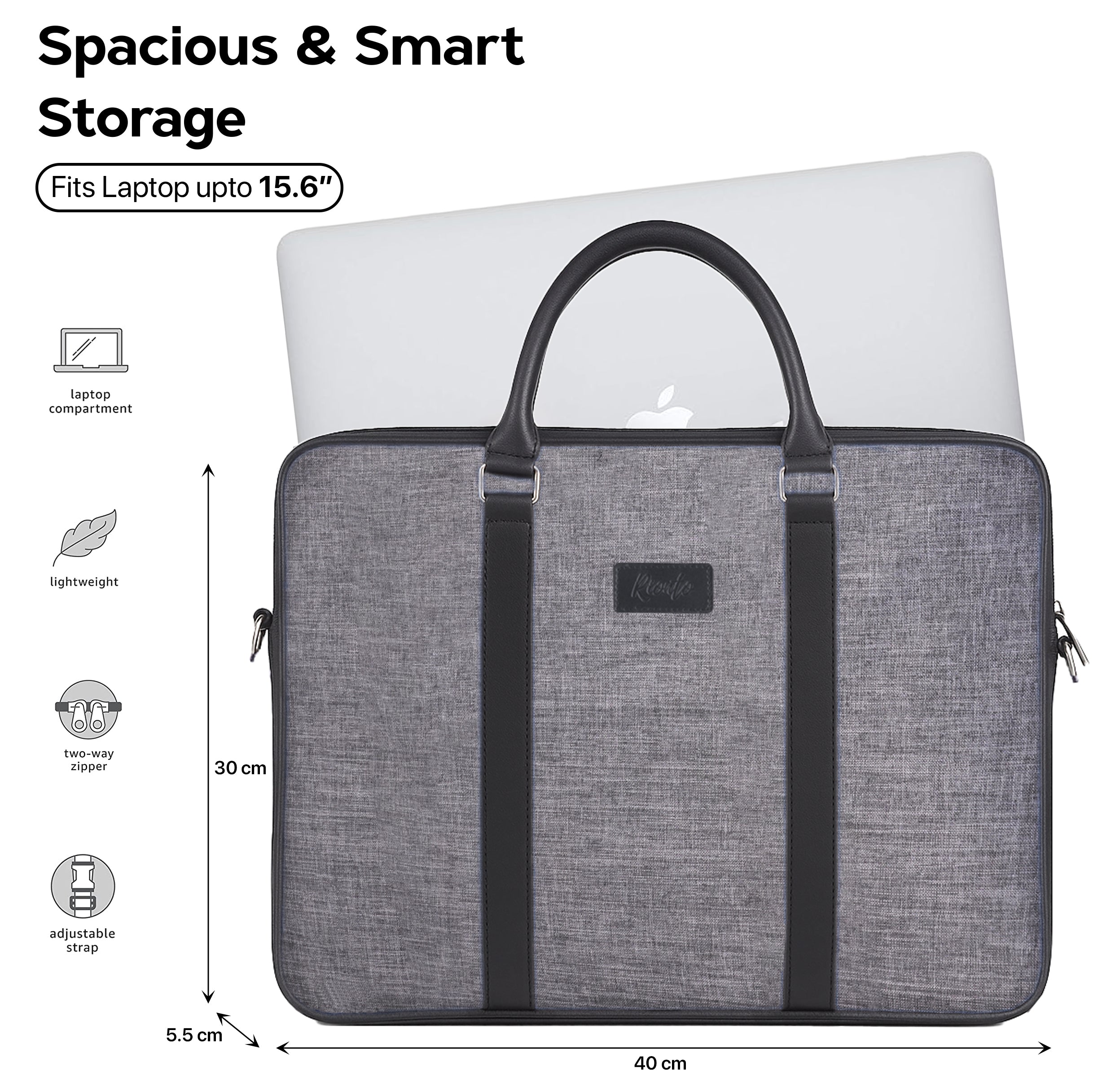 Gray laptop sleeve with black handle and adjustable strap, featuring dimensions and product features on a white background.