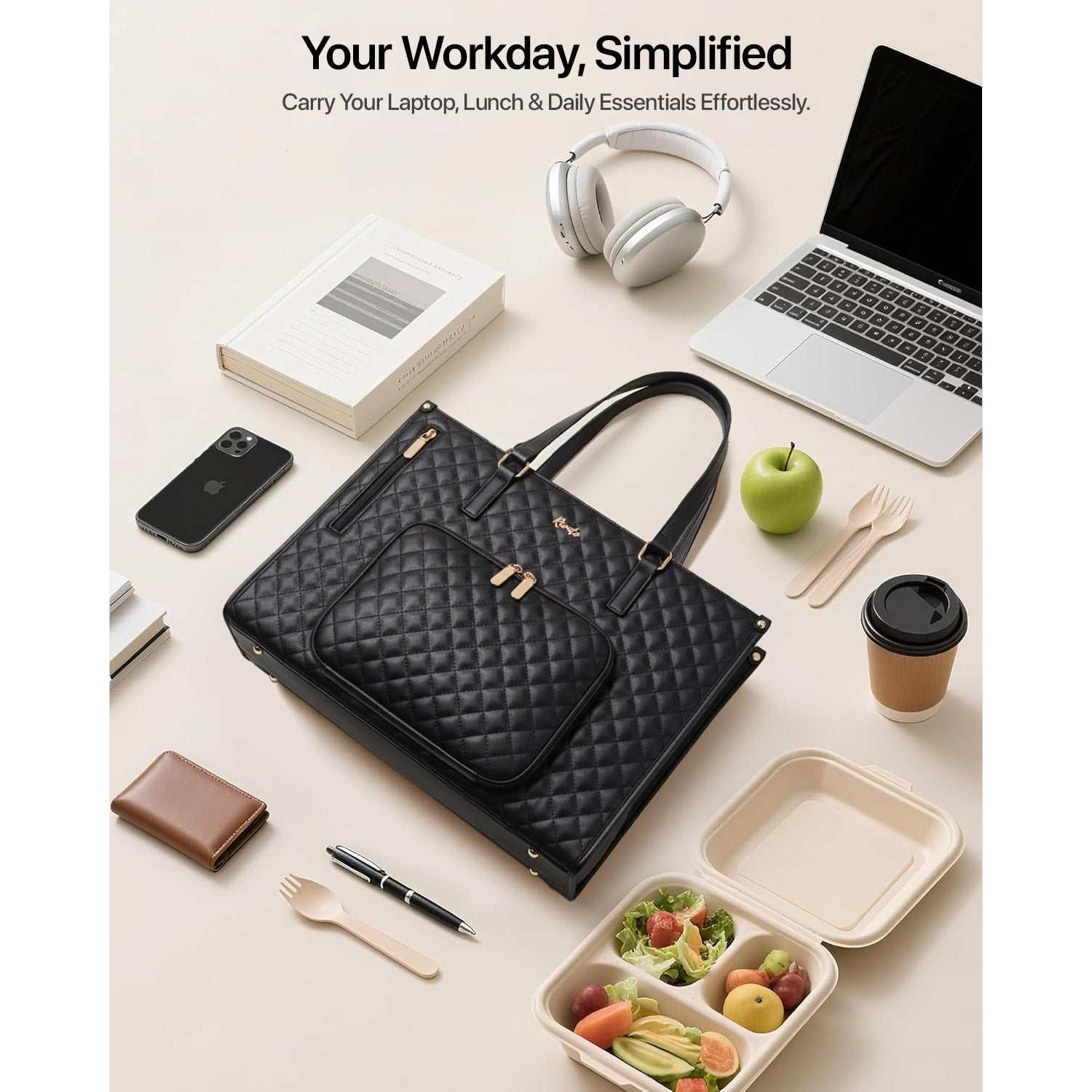 Elaris Tote Bag for Women with Insulated Lunch Compartment - Black