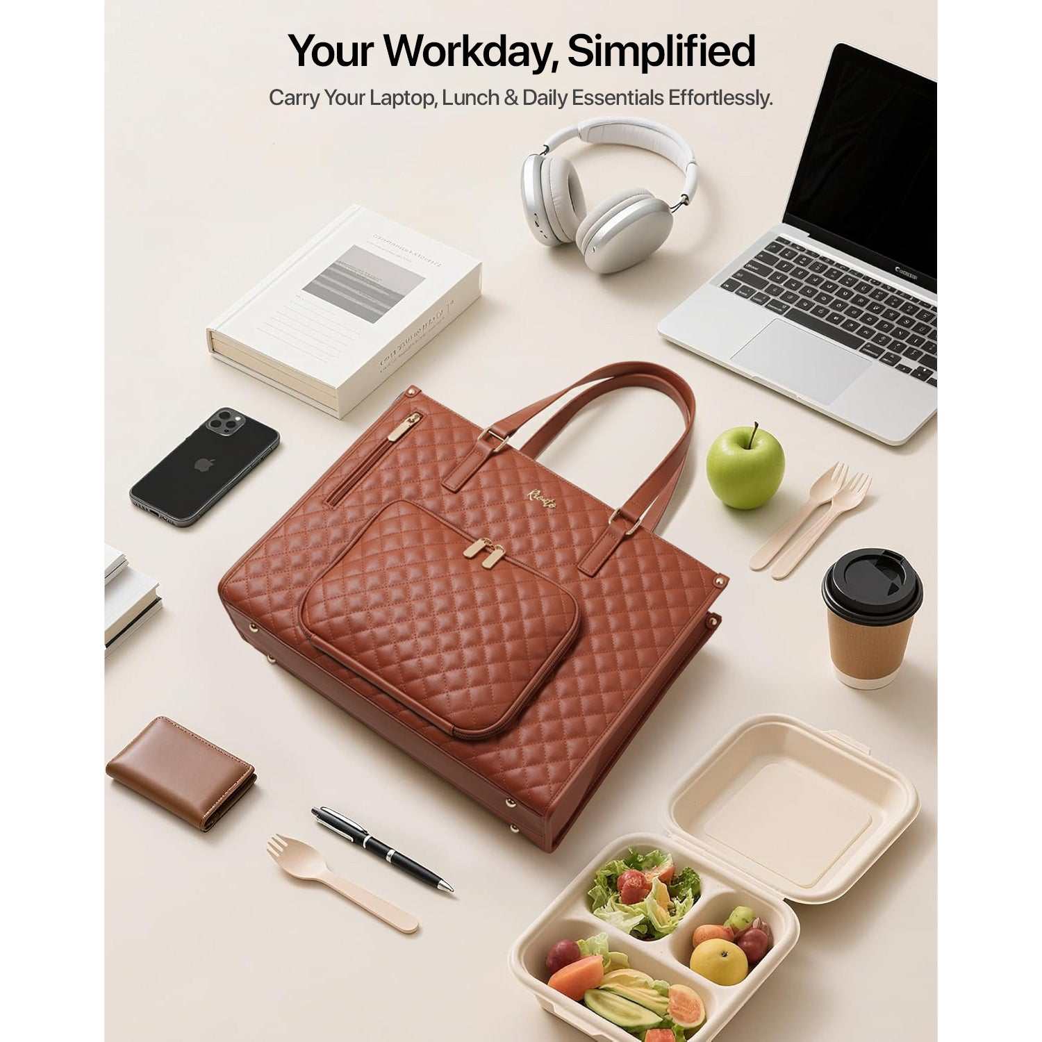 Brown quilted handbag with laptop, food container, and daily essentials on a light surface.