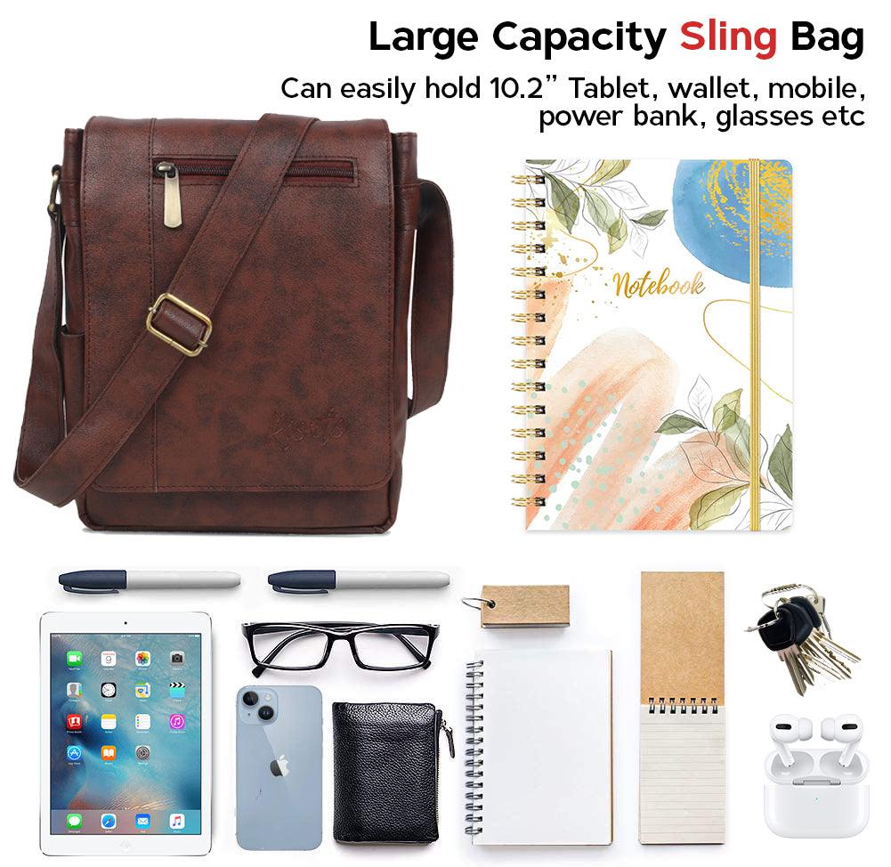 Minimalist brown crossbody bag placed on work desk setup