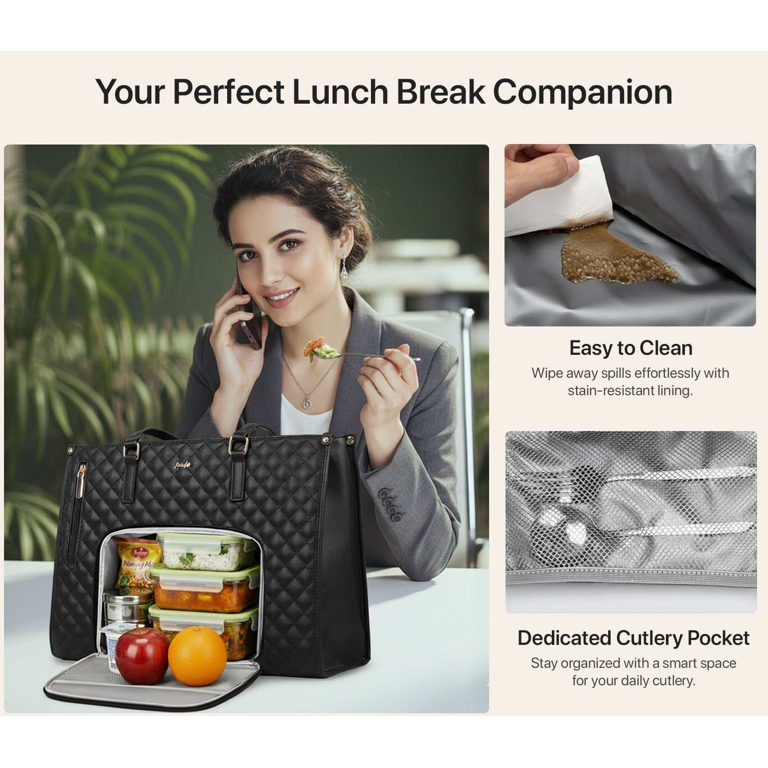 Elaris Tote Bag for Women with Insulated Lunch Compartment - Black