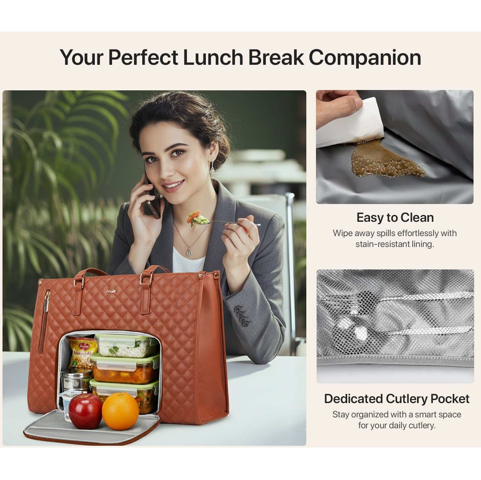 Lunch bag with compartments and a woman using it, with text highlighting features.