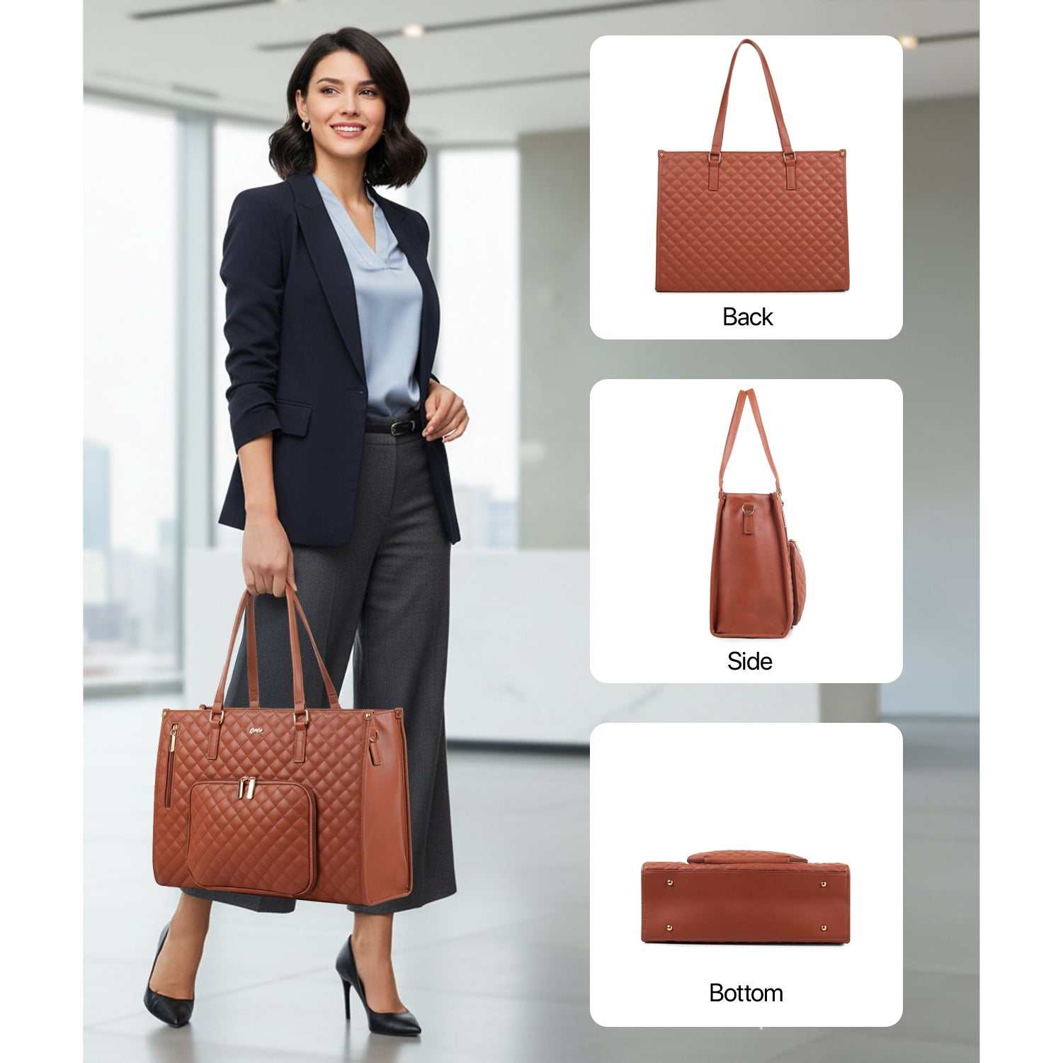 Woman holding a brown quilted handbag with close-up views of the bag's back, side, and bottom.