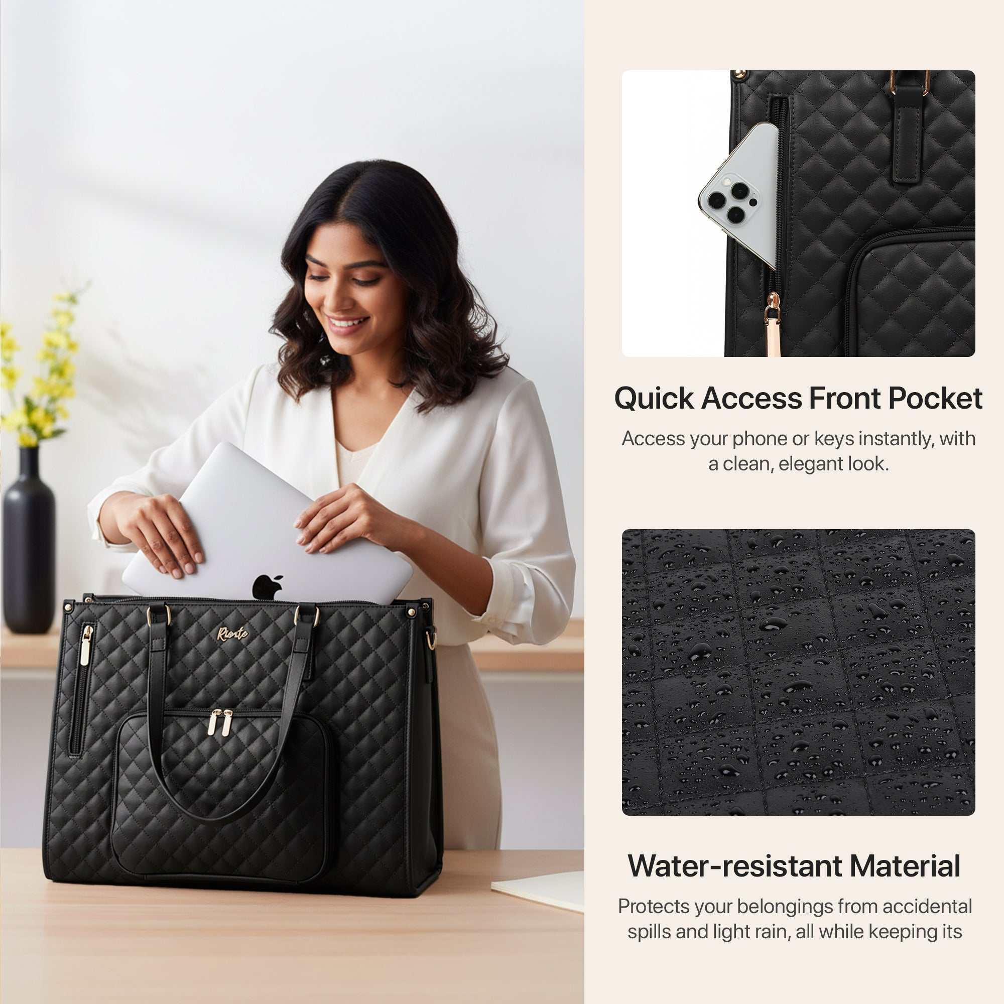 Elaris Tote Bag for Women with Insulated Lunch Compartment - Black