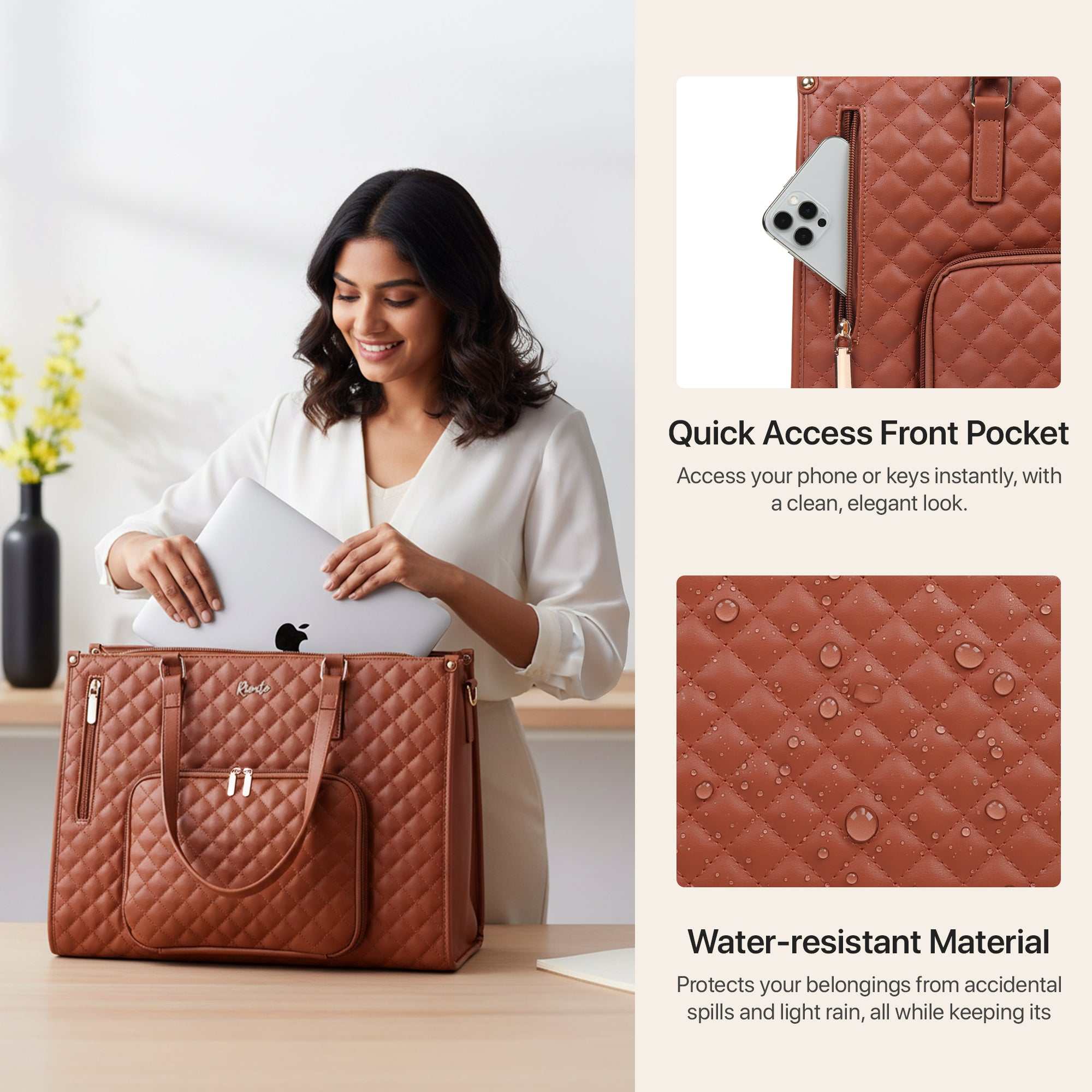 Woman using a brown quilted handbag with quick access front pocket feature.