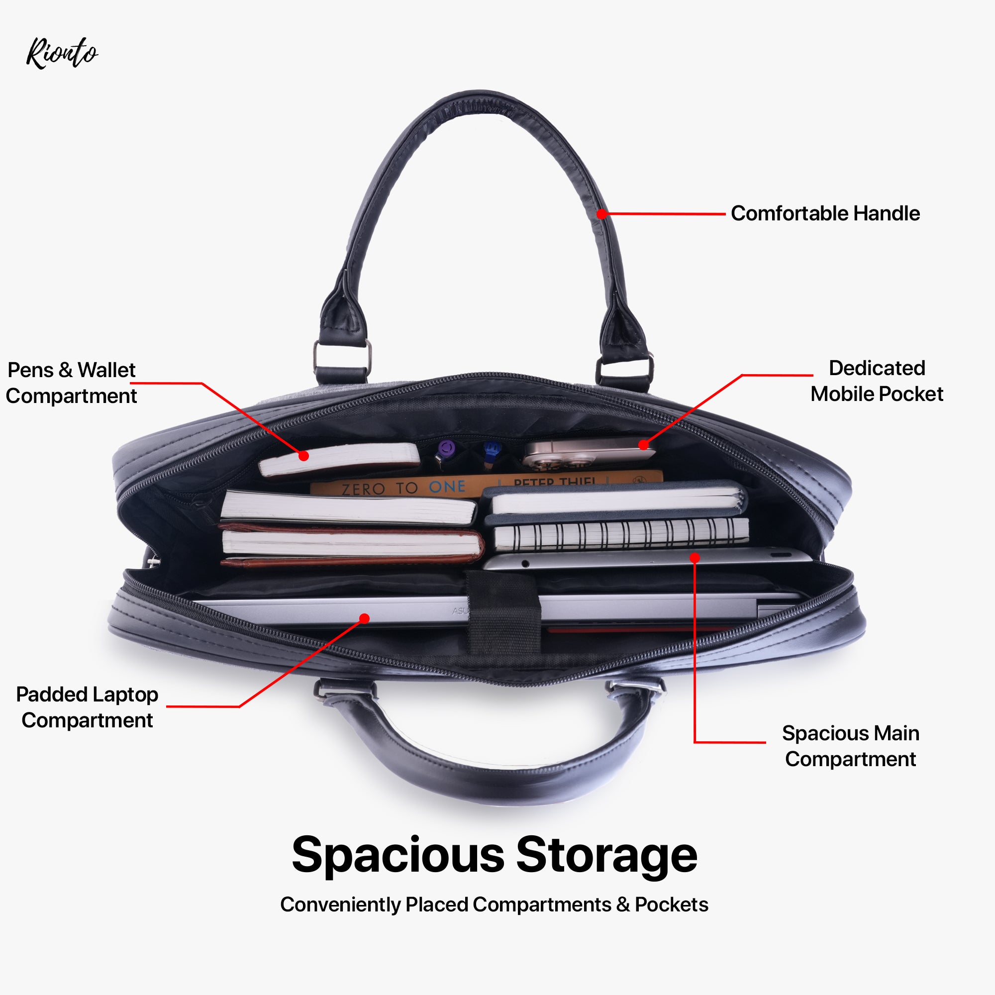 Black briefcase with labeled compartments on a white background
