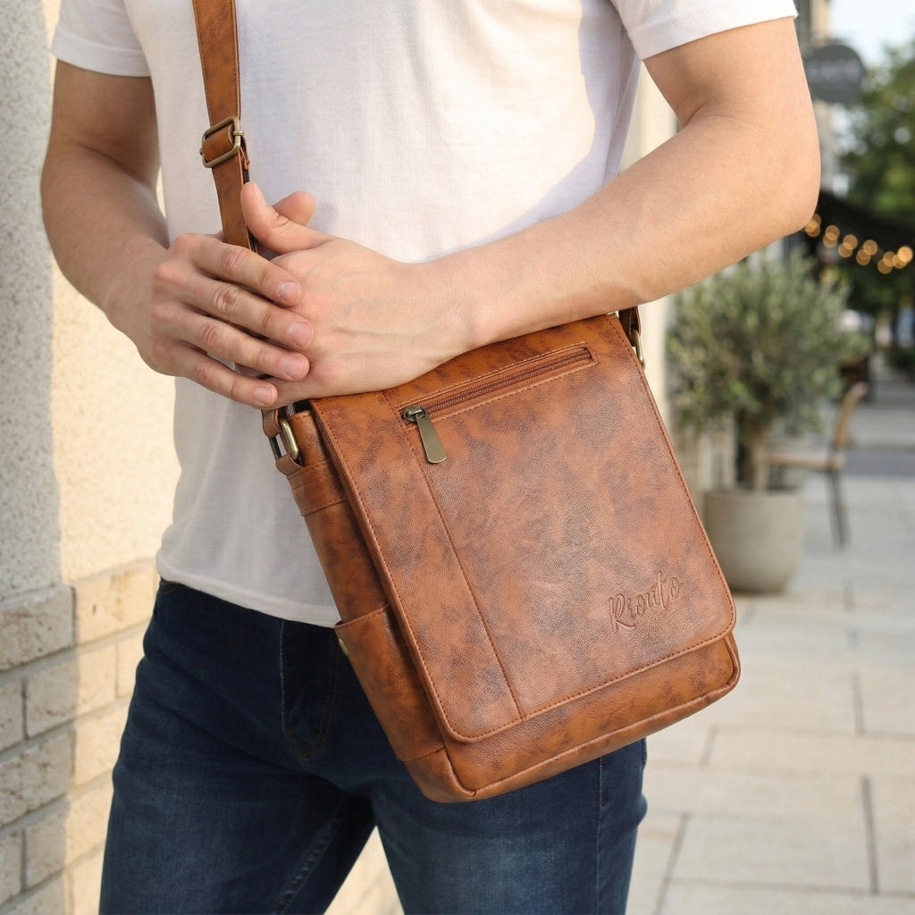 Flex Sling Crossbody Bag – Compact Vegan Leather Side Bag for Men & Women - Light Tan