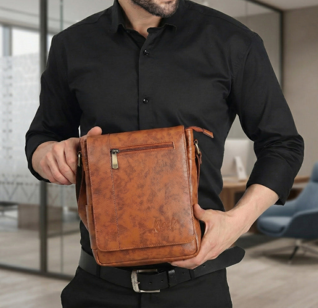 Flex Sling Crossbody Bag – Compact Vegan Leather Side Bag for Men & Women - Light Tan