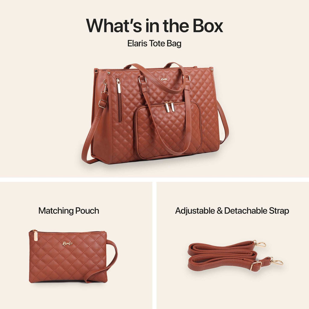 Brown quilted tote bag with matching pouch and adjustable strap on a beige background