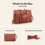 Brown quilted tote bag with matching pouch and adjustable strap on a beige background