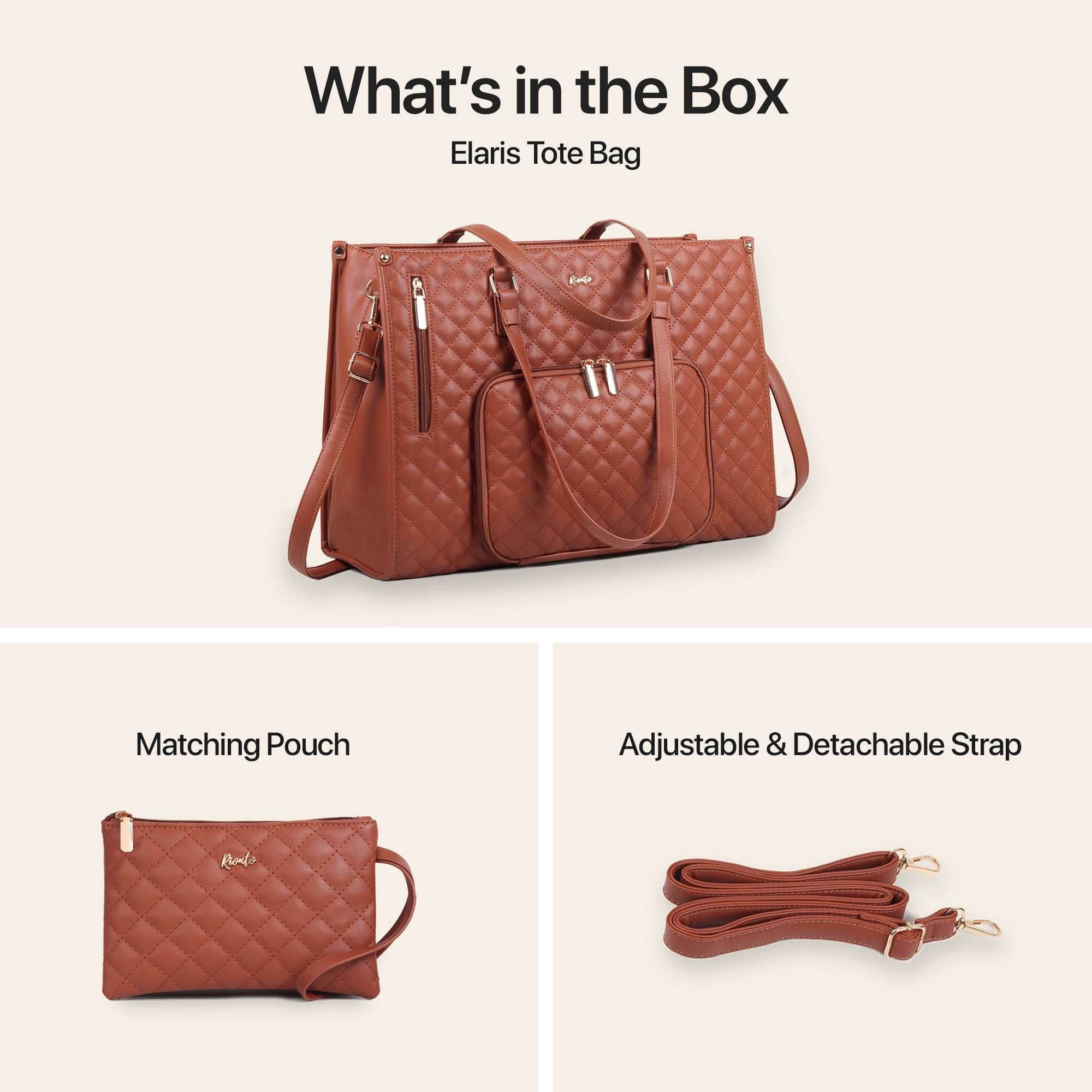 Brown quilted tote bag with matching pouch and adjustable strap on a beige background